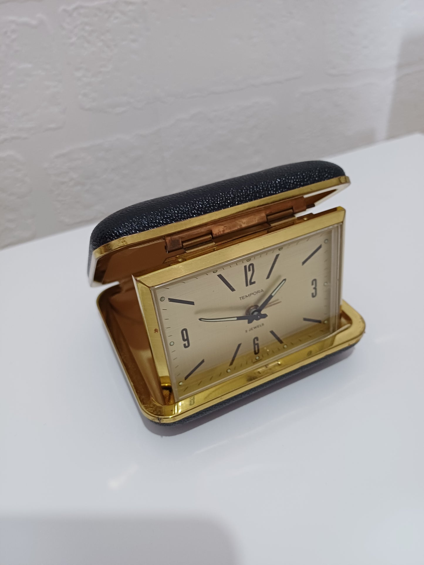 Vintage Tempora Folding Travel Alarm Clock Gold Tone 2 Jewels Movement Made in Germany - Very Good Vintage Condition