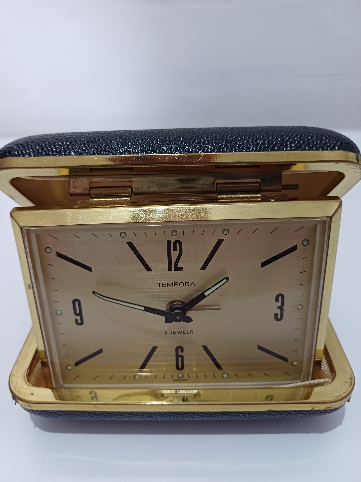 Vintage Tempora Folding Travel Alarm Clock Gold Tone 2 Jewels Movement Made in Germany - Very Good Vintage Condition