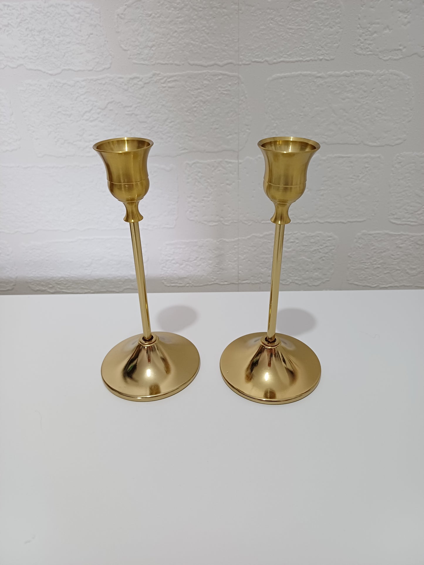 Pair of Gold Tone Metal Candlesticks Candle Holders 16cm Detachable Screw Together Sections Traditional Design - Very Good Condition