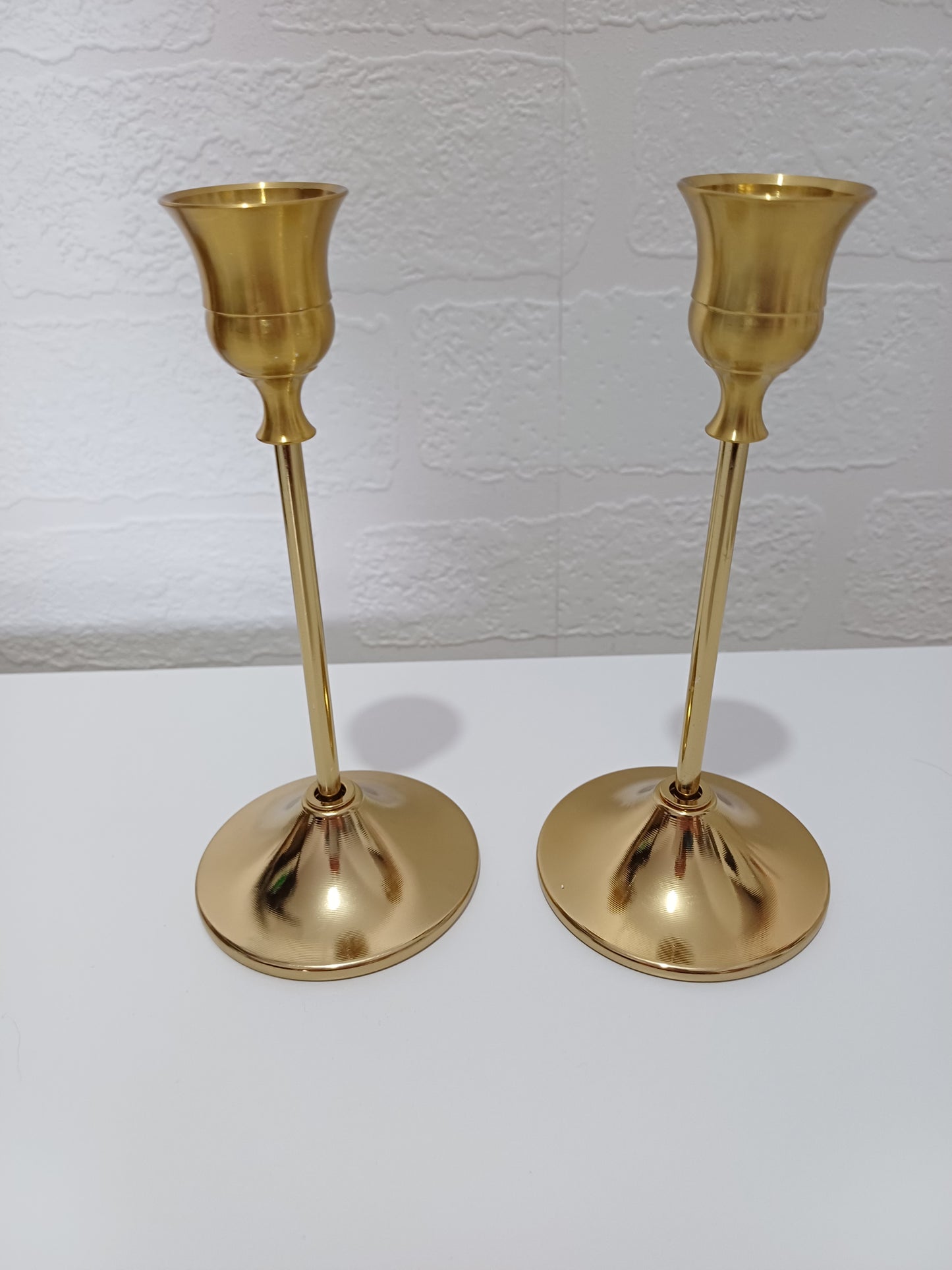 Pair of Gold Tone Metal Candlesticks Candle Holders 16cm Detachable Screw Together Sections Traditional Design - Very Good Condition