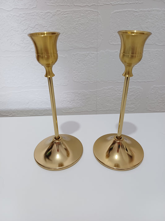 Pair of Gold Tone Metal Candlesticks Candle Holders 16cm Detachable Screw Together Sections Traditional Design - Very Good Condition