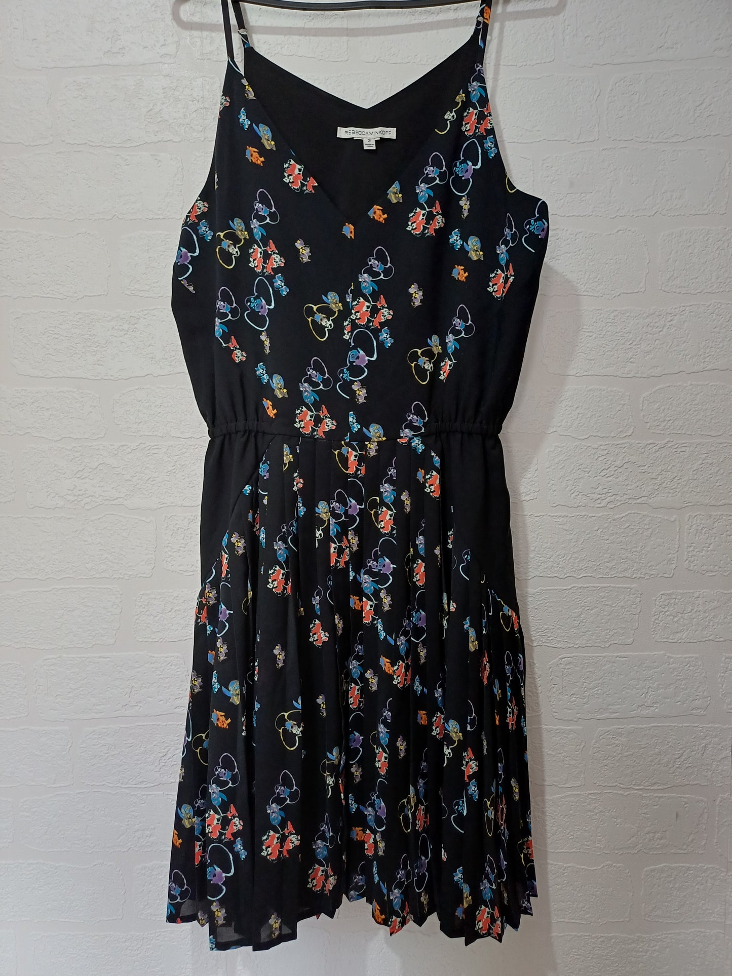 Women's Midi Dress Rebecca Minkoff Black Floral Sleeveless Elasticated Waist Size 2 (UK 6-8) Approx. 36" Length - Very Good Condition