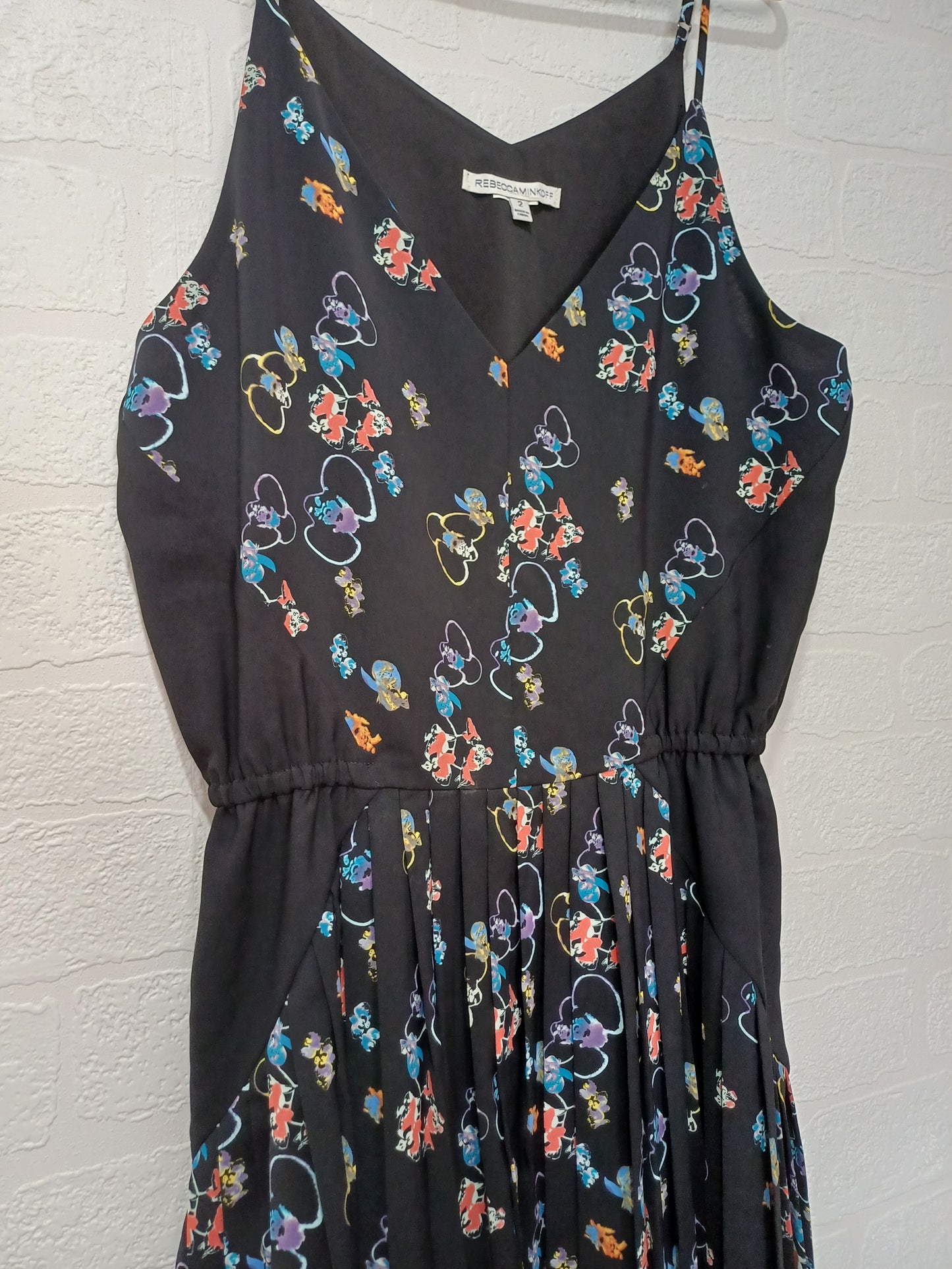 Women's Midi Dress Rebecca Minkoff Black Floral Sleeveless Elasticated Waist Size 2 (UK 6-8) Approx. 36" Length - Very Good Condition