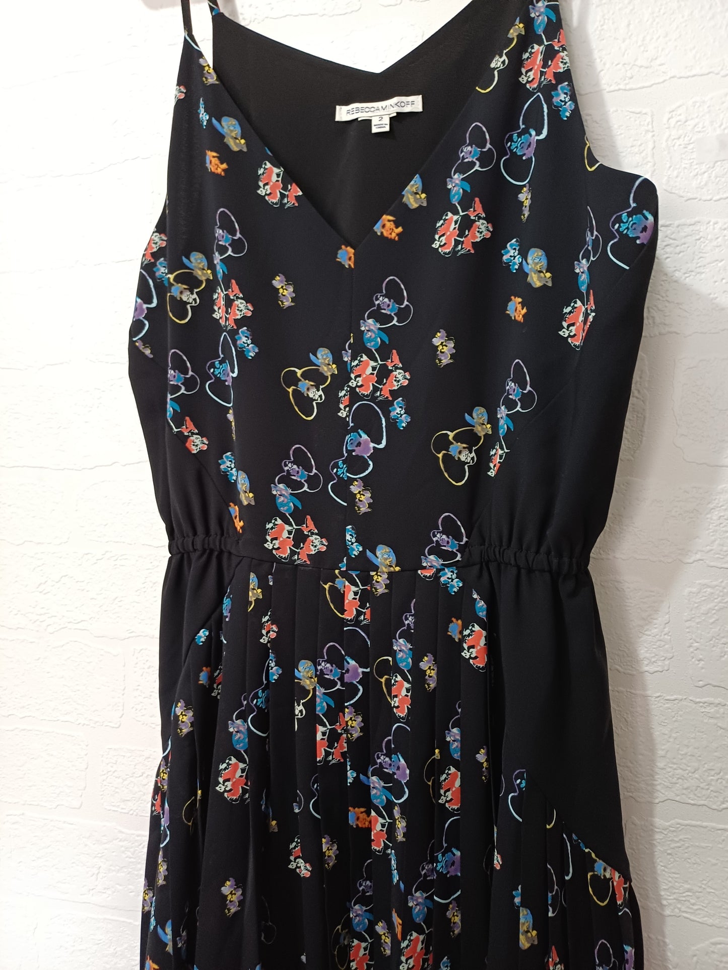 Women's Midi Dress Rebecca Minkoff Black Floral Sleeveless Elasticated Waist Size 2 (UK 6-8) Approx. 36" Length - Very Good Condition