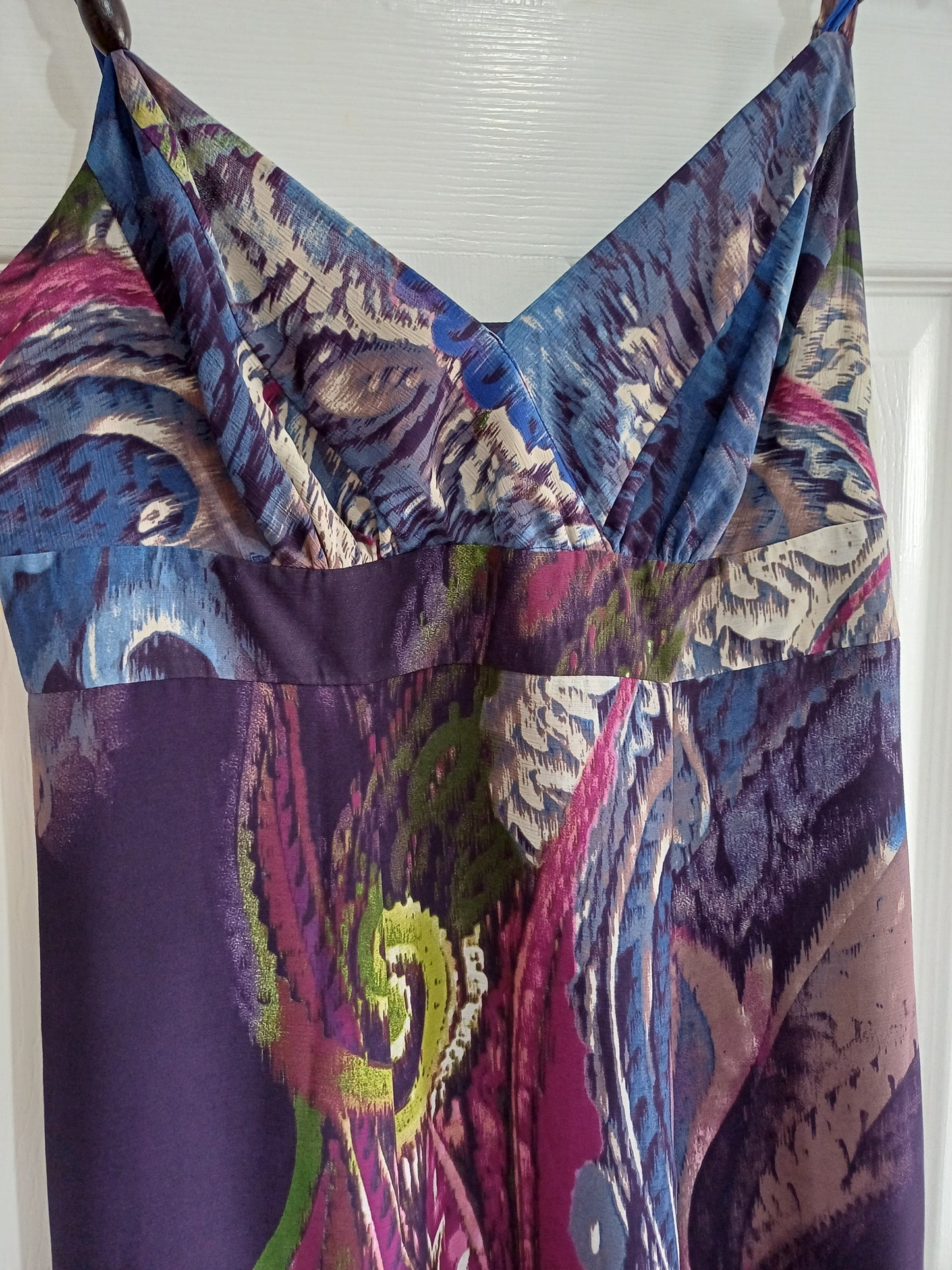 Women's Midi Dress Per Una Green Purple Multicolour Abstract Print Strappy Lined Size 14S - Very Good Condition