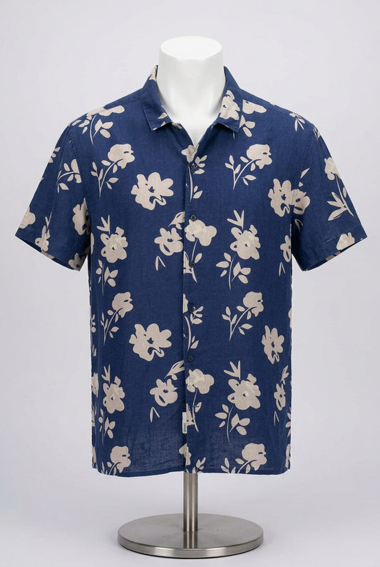 Men's Shirt Solid Blue Cream Floral Short Sleeve Linen Blend No Size Label Very Good Condition