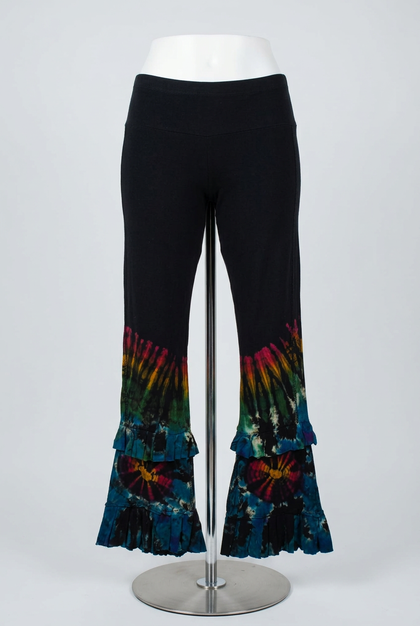 Women's Leggings Funky Threads Black Rainbow Tie Dye Ruffle Flare Estimated UK 12 Very Good Condition