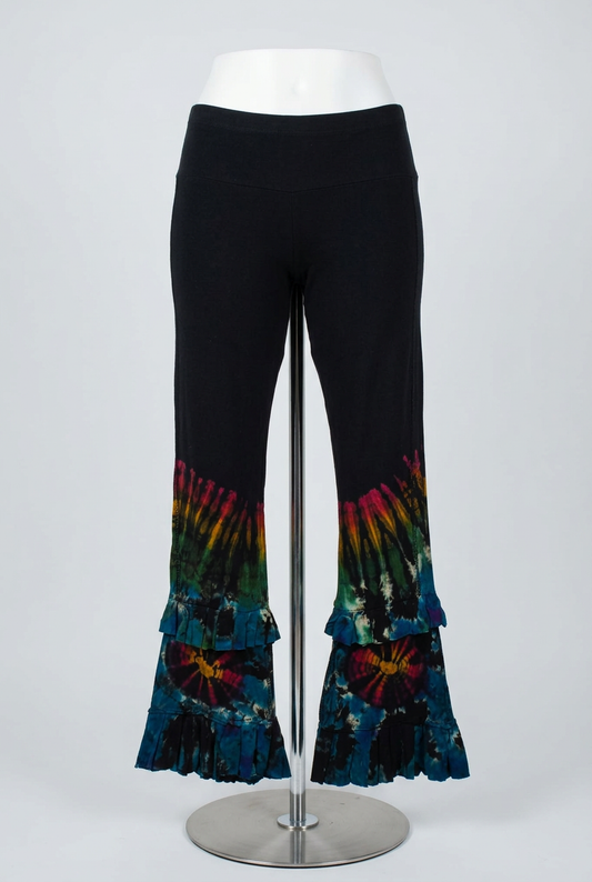 Women's Leggings Funky Threads Black Rainbow Tie Dye Ruffle Flare Estimated UK 12 Very Good Condition