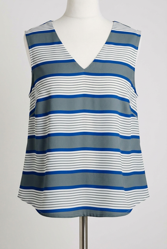Women's Blouse Simply Be Blue Grey White Striped V-Neck Sleeveless Size 12 Very Good Condition