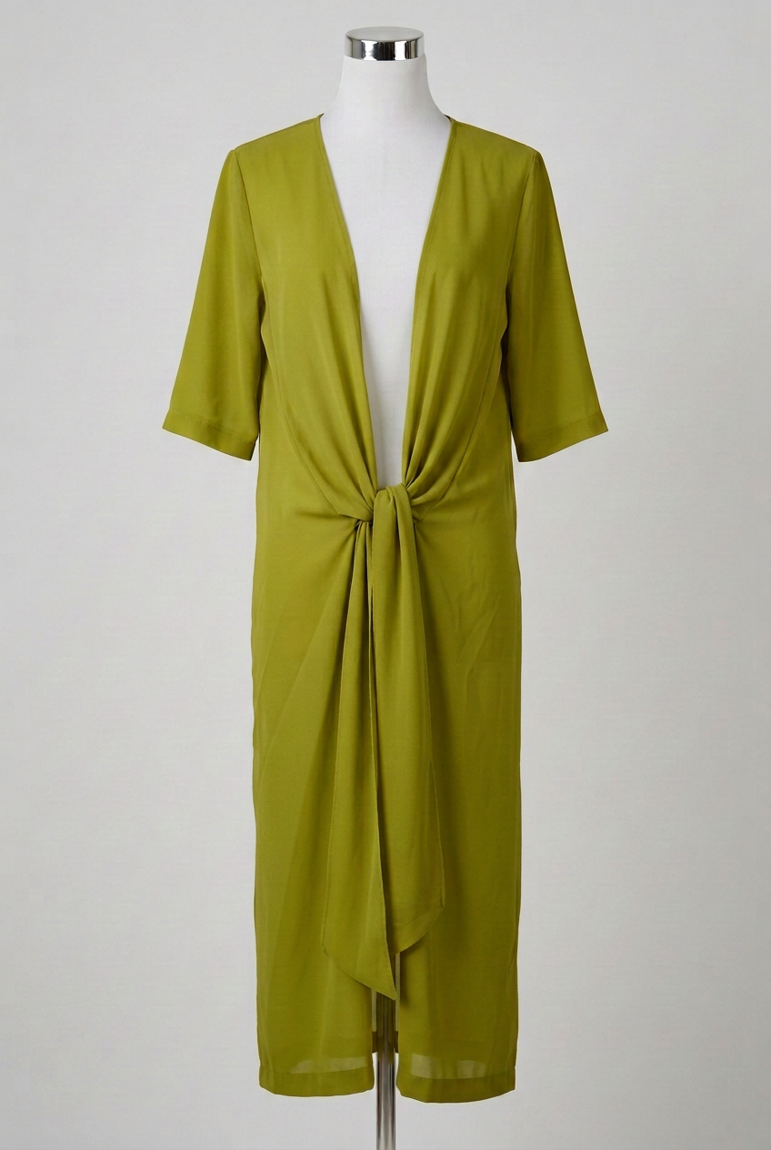 Women's Cardigan Unbranded Dark Lime Green Sheer Tie Front Maxi Kimono Cover Up Size L Very Good Condition