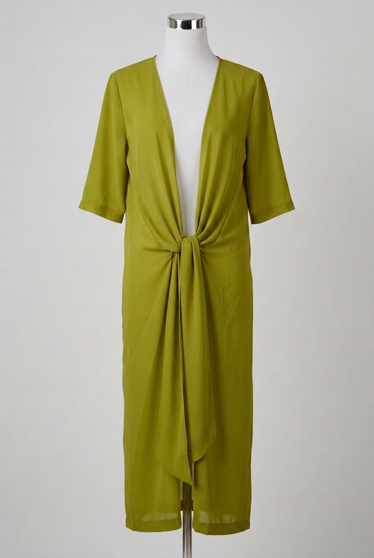 Women's Cardigan Unbranded Dark Lime Green Sheer Tie Front Maxi Kimono Cover Up Size L Very Good Condition