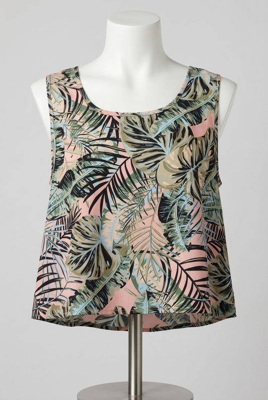 Women's Crop Top Shein Pink Tropical Leaf Print Scoop Neck Size M Very Good Condition