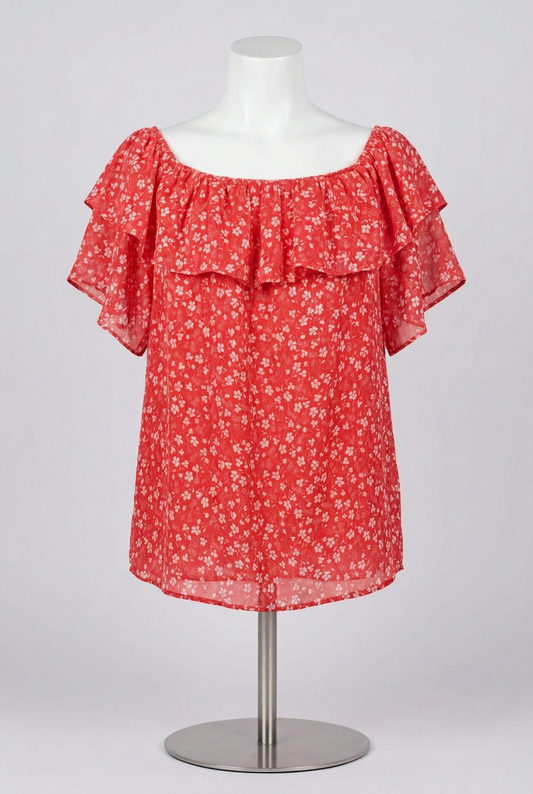 Women's Blouse F&F Red White Floral Off Shoulder Ruffle Size 14 Very Good Condition