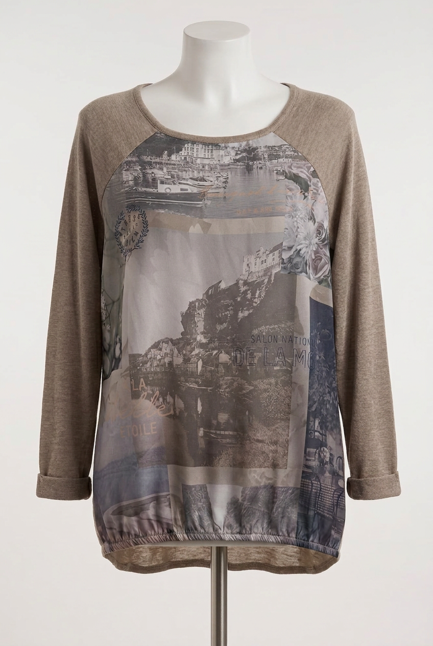 Women's Top Bien Bleu Beige Scenic Collage Print Long Sleeve Size L Very Good Condition