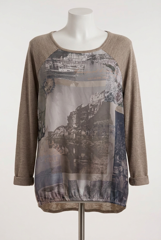 Women's Top Bien Bleu Beige Scenic Collage Print Long Sleeve Size L Very Good Condition
