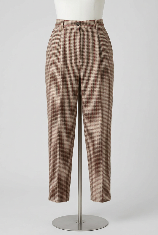 Women's Trousers Simple Life Brown Red & Beige Wool Blend Check Pleated Front Vintage W26 L25 - Very Good Condition