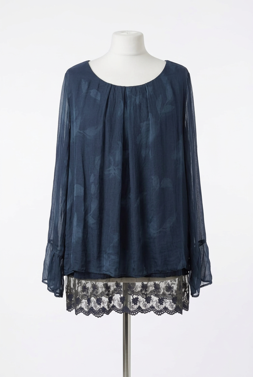 Women's Tunic Top H Trend Navy Blue Silk Outer Lace Trim Layered Size XL With Sleeve Flaw