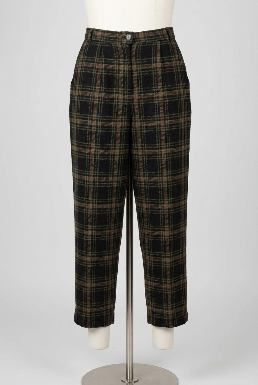 Women's Trousers Vintage Tartan Check Dark Green Fleece Feel Size 30W 22" Leg - Good Condition
