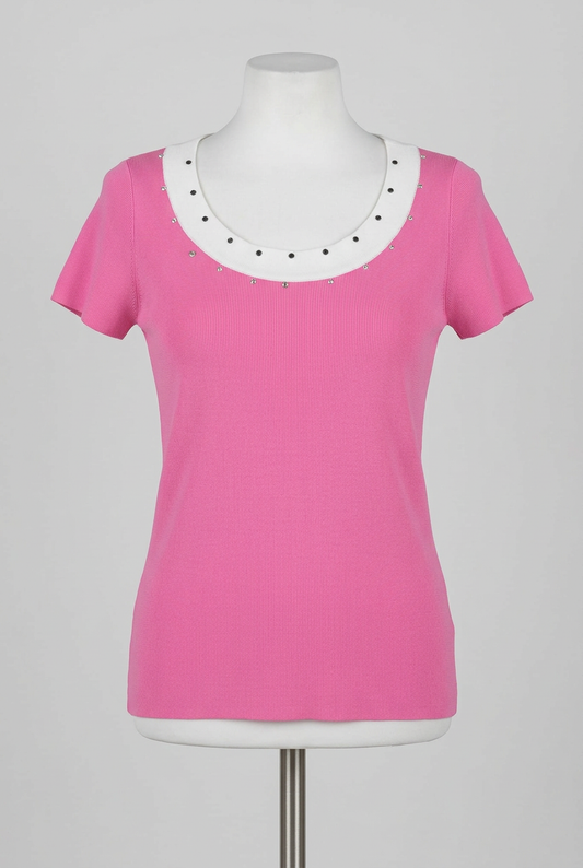 Women's Top Pink White Embellished Scoop Neck Short Sleeve Approx. UK 12–14 Very Good Condition