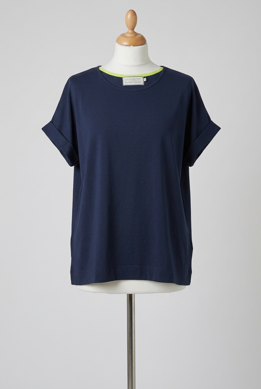 Women's T-Shirt Lennon Courtney & Kilkenny Design Navy & Neon Green Rolled Sleeves Size M Very Good Condition