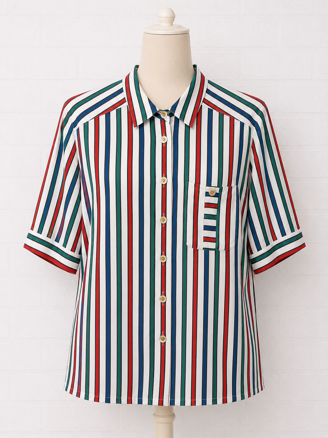 Women's Striped Blouse Shirt White Blue Red Green UK 12 / EU 38 Short Sleeve Delmod International - Like New Condition