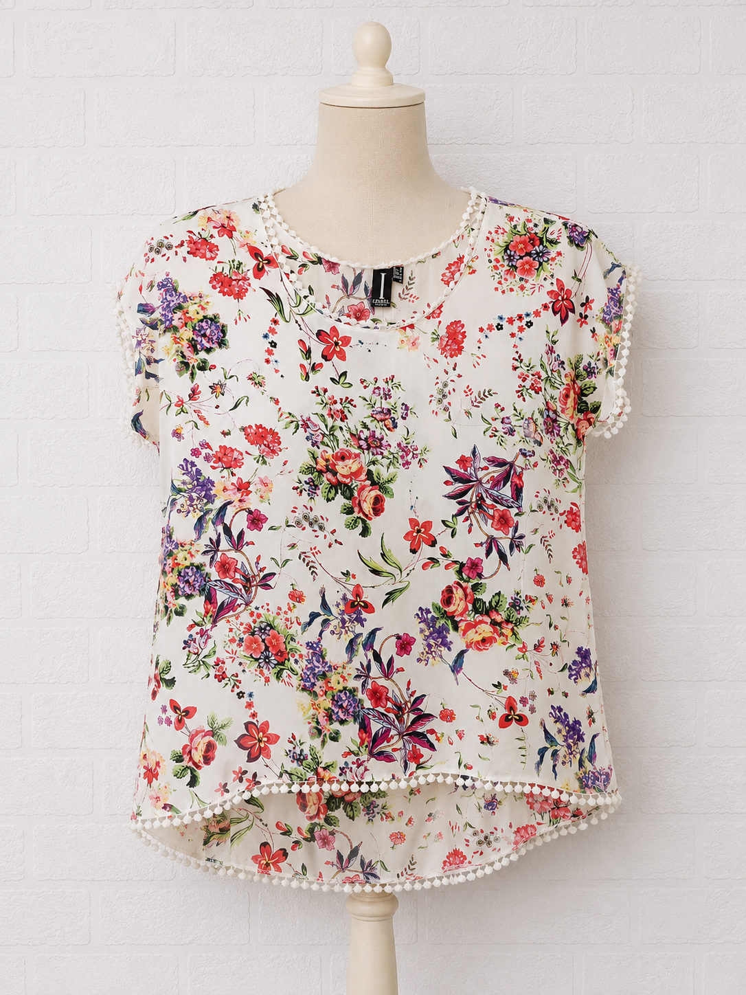 Women's Blouse White Multi Colour UK 8 Short Sleeve Pom Pom Trim Izabel London - Very Good Condition