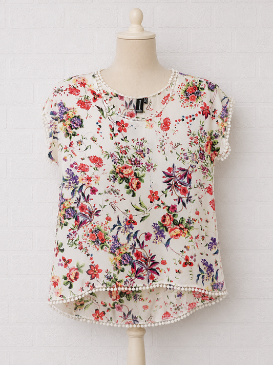 Women's Blouse White Multi Colour UK 8 Short Sleeve Pom Pom Trim Izabel London - Very Good Condition