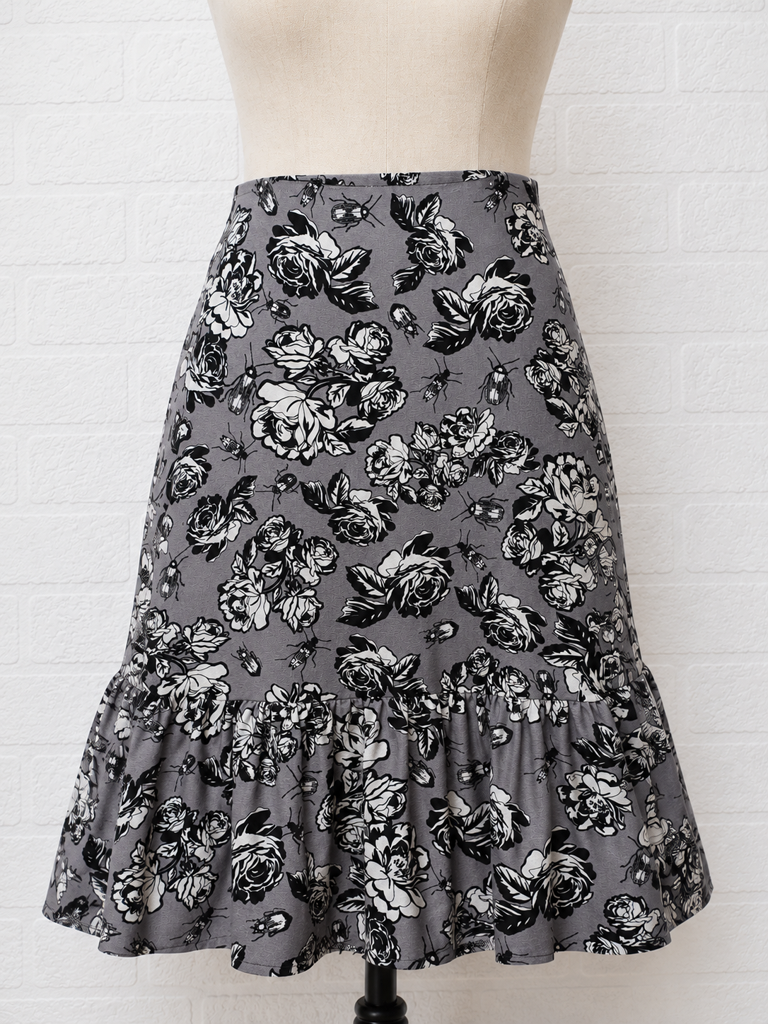Women's Floral Midi Skirt Grey Ruffle Hem UK 10 ASOS Africa - Very Good Condition