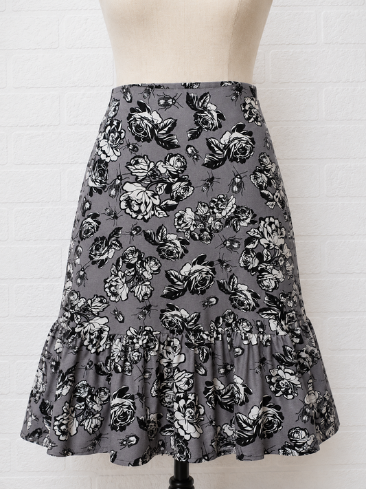 Women's Floral Midi Skirt Grey Ruffle Hem UK 10 ASOS Africa - Very Good Condition