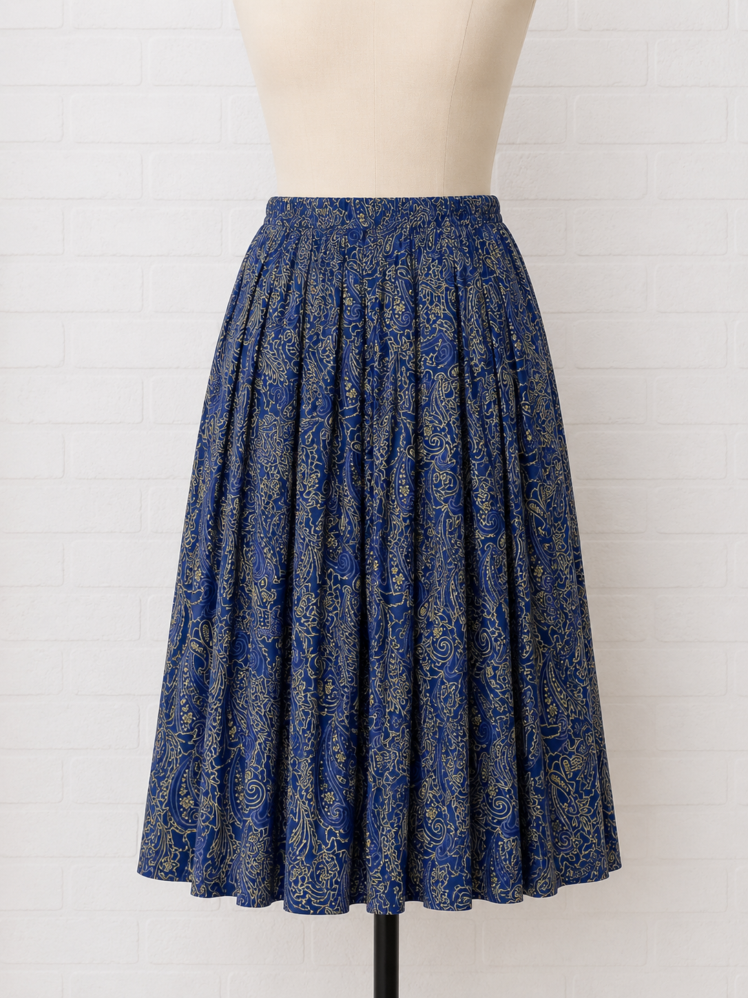 Women's Paisley Pleated Midi Skirt Blue Elasticated Waist UK 16 Eastex - Very Good Condition
