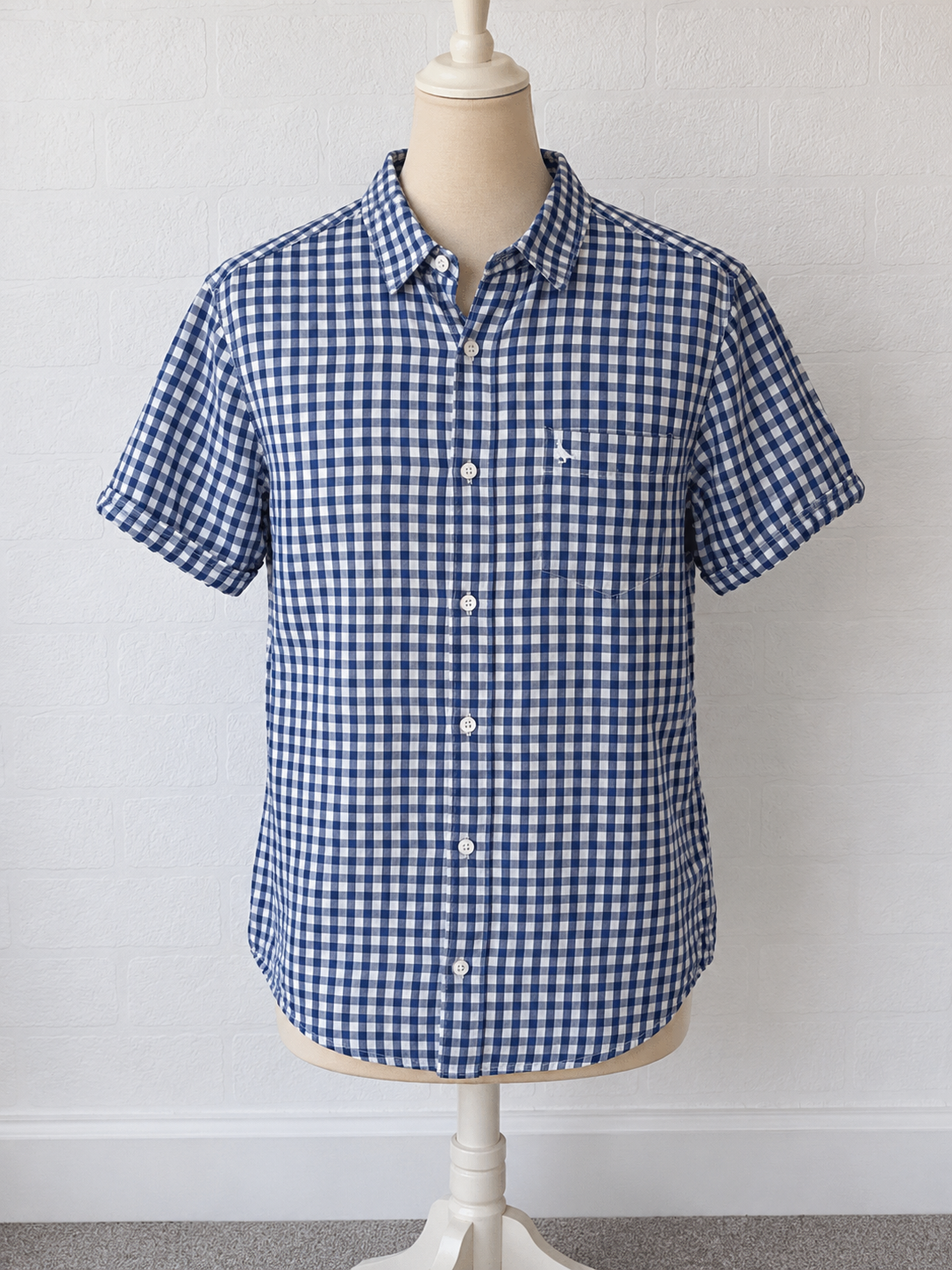 Men's Shirt Jack Wills Blue & White Gingham Check Short Sleeve Size L Approx. 21.5" PTP 31" Length - Very Good Condition