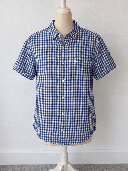 Men's Shirt Jack Wills Blue & White Gingham Check Short Sleeve Size L Approx. 21.5" PTP 31" Length - Very Good Condition