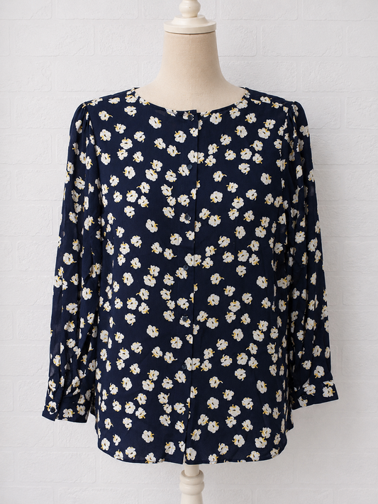 Women's Blouse George Navy White Floral Long Sleeve Button Through Size 14 Approx. 20.5" PTP - Brand New With Tags