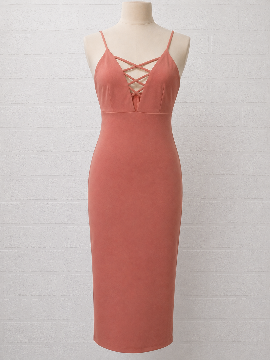 Women's Midi Dress Love Culture Blush Pink Bodycon V Neck Strappy Crossover Front Size S Approx. 13" PTP - Good Condition