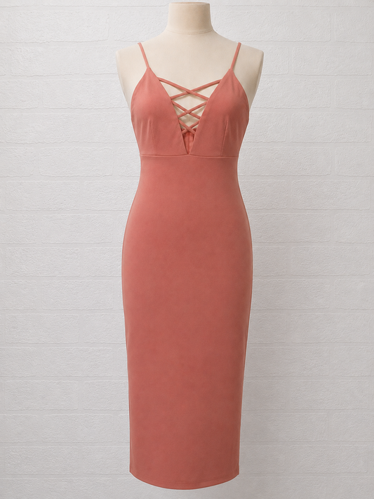 Women's Midi Dress Love Culture Blush Pink Bodycon V Neck Strappy Crossover Front Size S Approx. 13" PTP - Good Condition