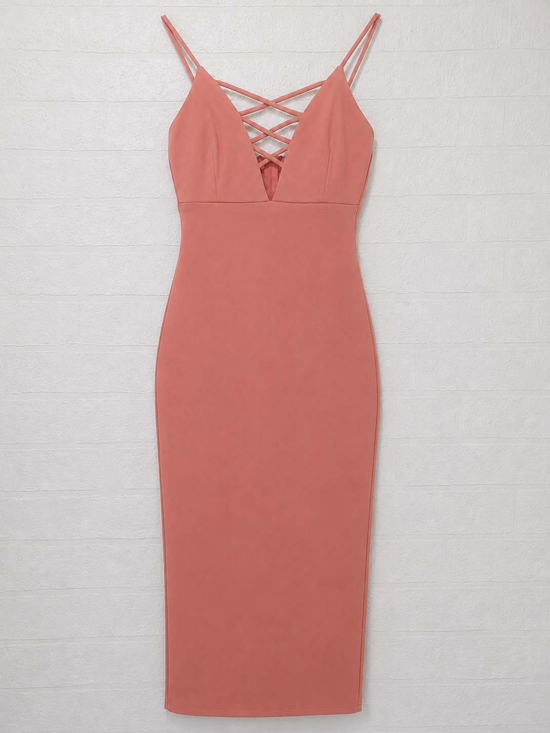 Women's Midi Dress Love Culture Blush Pink Bodycon V Neck Strappy Crossover Front Size S Approx. 13" PTP - Good Condition