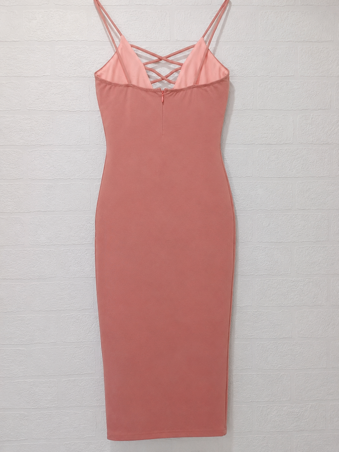 Women's Midi Dress Love Culture Blush Pink Bodycon V Neck Strappy Crossover Front Size S Approx. 13" PTP - Good Condition