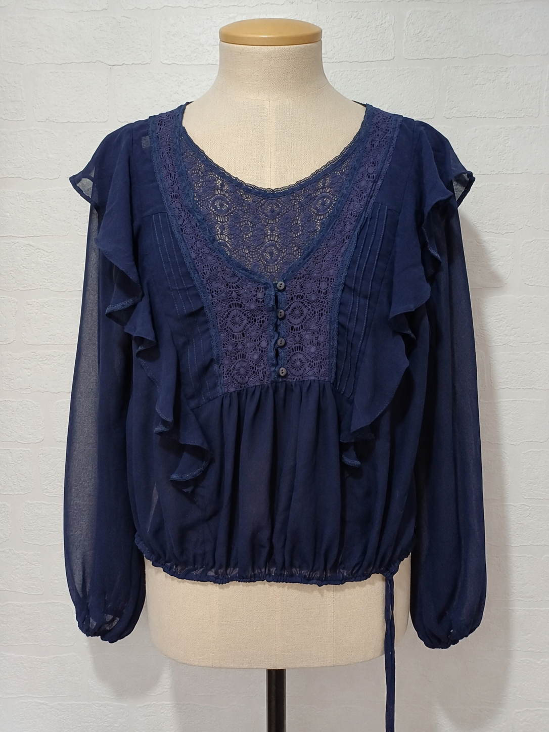 Women's Blouse Chelsea Girl Navy Blue Lace Ruffle Boho Long Sleeve Button Front Size 14 Approx. 20" PTP - Very Good Condition