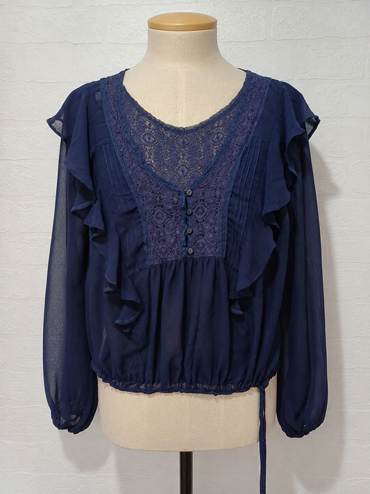 Women's Blouse Chelsea Girl Navy Blue Lace Ruffle Boho Long Sleeve Button Front Size 14 Approx. 20" PTP - Very Good Condition