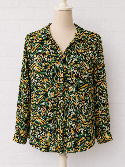 Women's Blouse Boteli Green Orange Black Abstract Animal Print Long Sleeve Size 14 Approx. 20" PTP - Very Good Condition