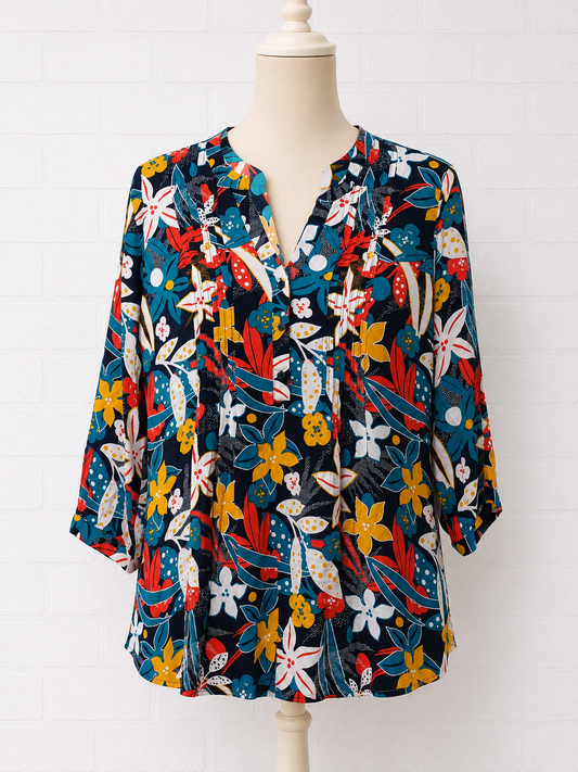 Women's Tunic Blouse Damart Black Turquoise Red Orange White Floral V Neck 3/4 Sleeve Size 14 Approx. 21" PTP - Very Good Condition