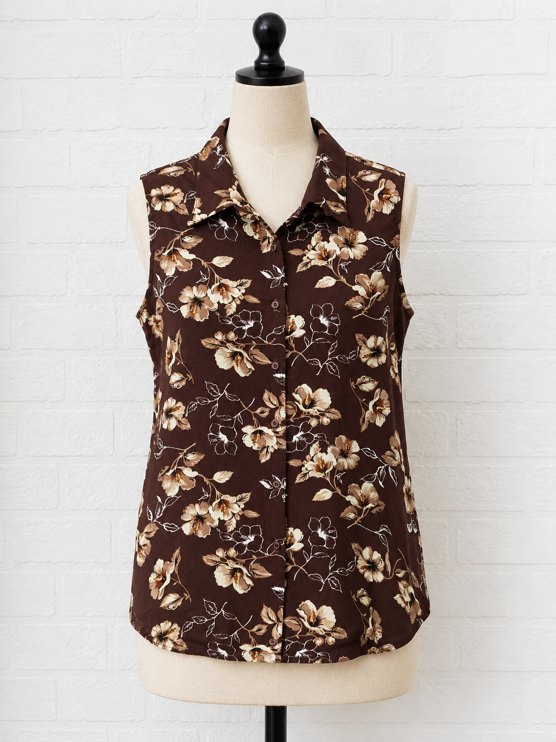 Women's Blouse V.I Petites Brown Floral Sleeveless Size 10-12 Approx. 21" PTP - Very Good Condition