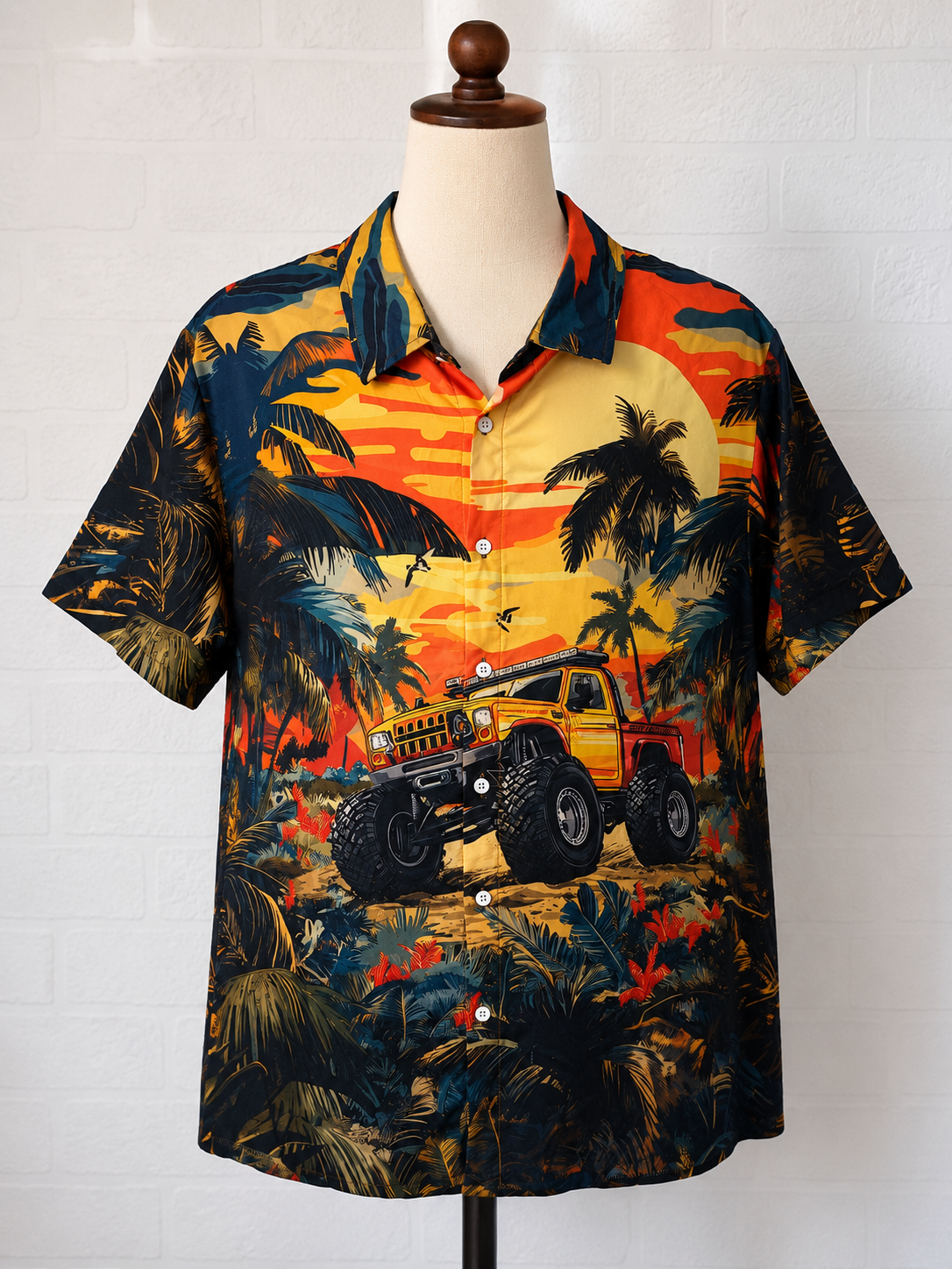 Men's Shirt Tropical Off Road Truck Hawaiian Print Medium Approx. 22" PTP - Very Good Condition