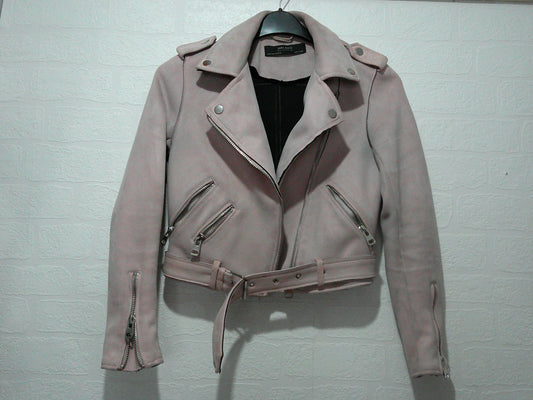 Zara Blush Pink Faux Suede Biker Jacket XS 16" PTP - Very Good Condition