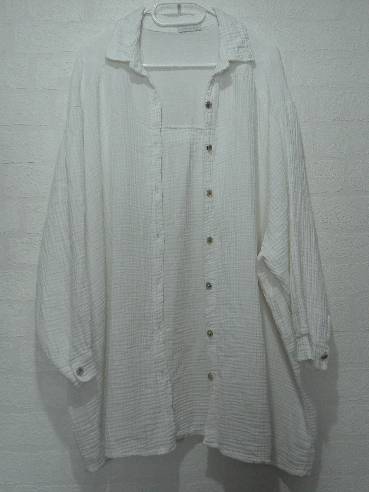 Made in Italy White Crinkle Cotton Shirt/Dress Tunic Oversized One Size 31" PTP - Very Good Condition