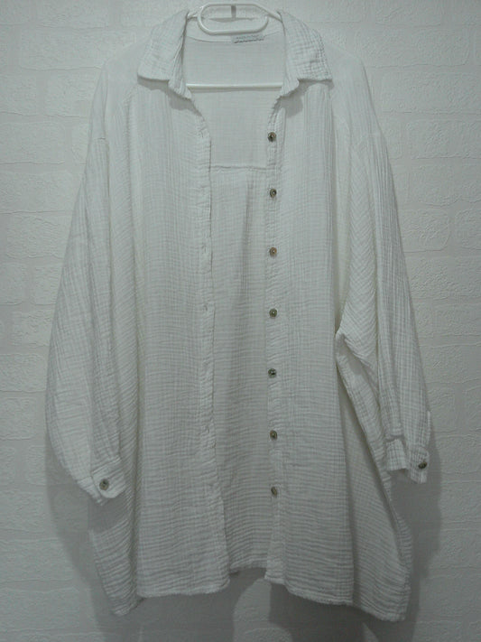 Made in Italy White Crinkle Cotton Shirt/Dress Tunic Oversized One Size 31" PTP - Very Good Condition