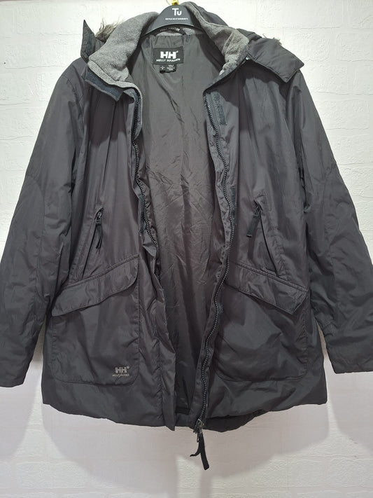 Helly Hansen Parker Charcoal Grey Jacket Faux Fur Hood Large 24" PTP - Very Good Condition