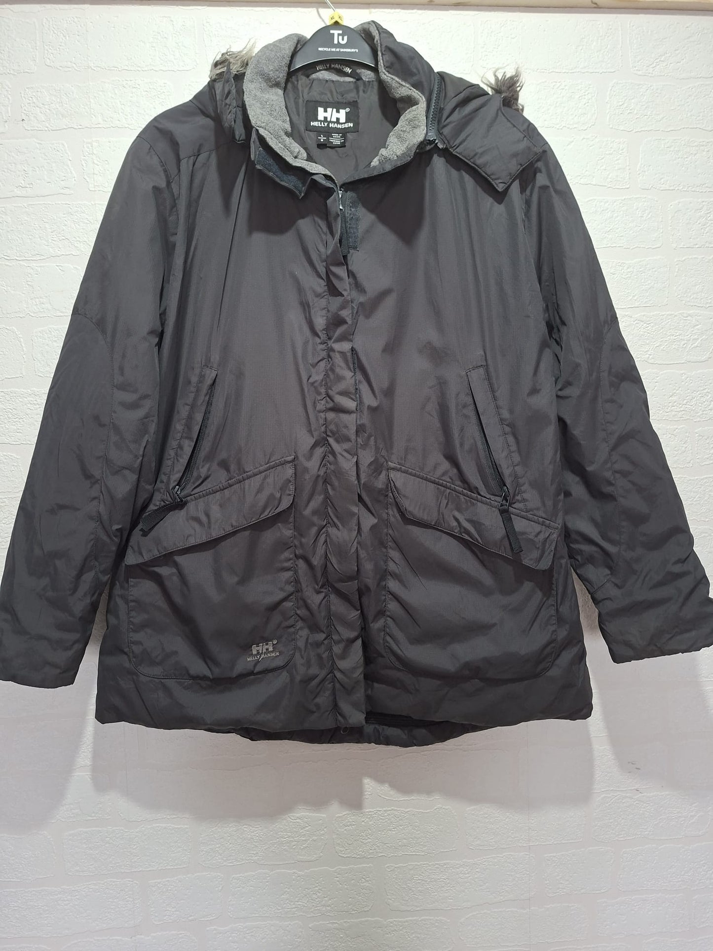 Helly Hansen Parker Charcoal Grey Jacket Faux Fur Hood Large 24" PTP - Very Good Condition