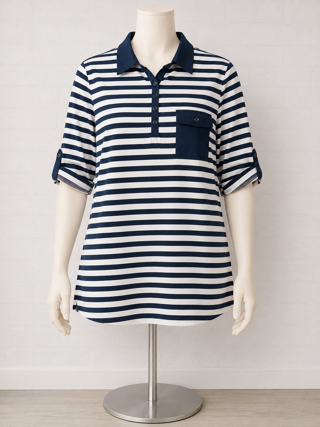 Women's Polo Top Anne De Lancay Navy Blue White Stripe Collared Size L Approx. 21" PTP - Very Good Condition