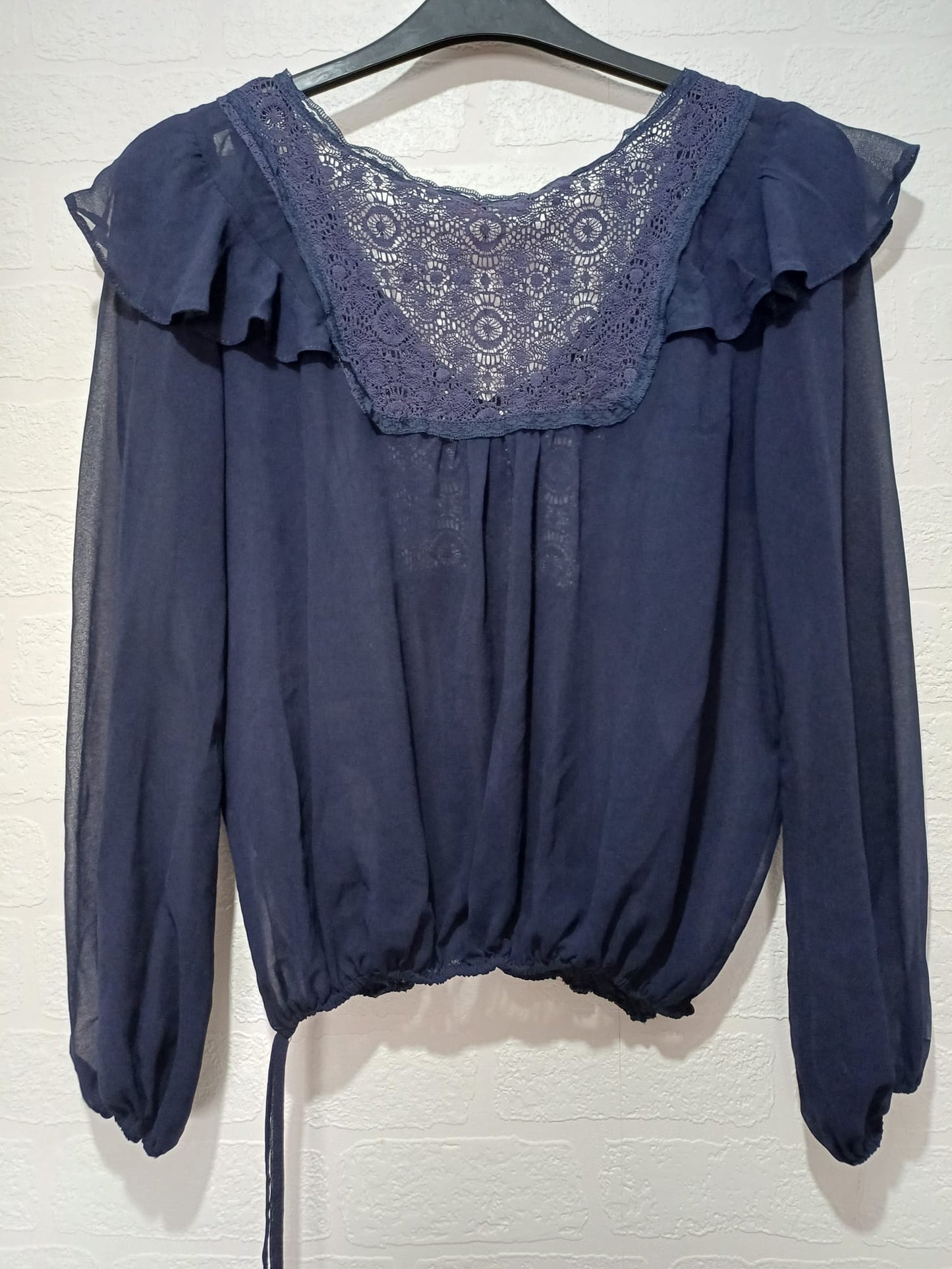 Women's Blouse Chelsea Girl Navy Blue Lace Ruffle Boho Long Sleeve Button Front Size 14 Approx. 20" PTP - Very Good Condition